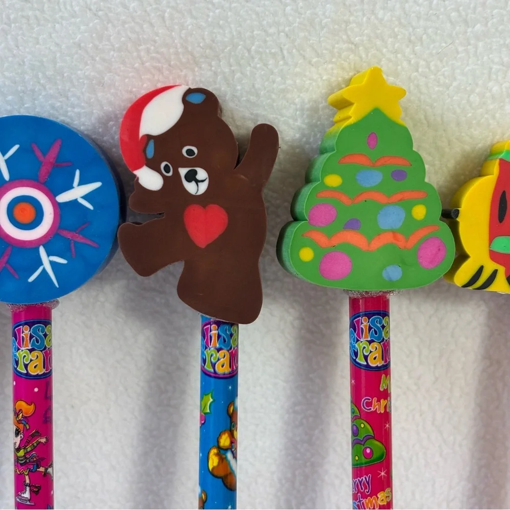 Rare Vintage New Lot of 13 Lisa Frank Holiday Pencils with fun eraser toppers